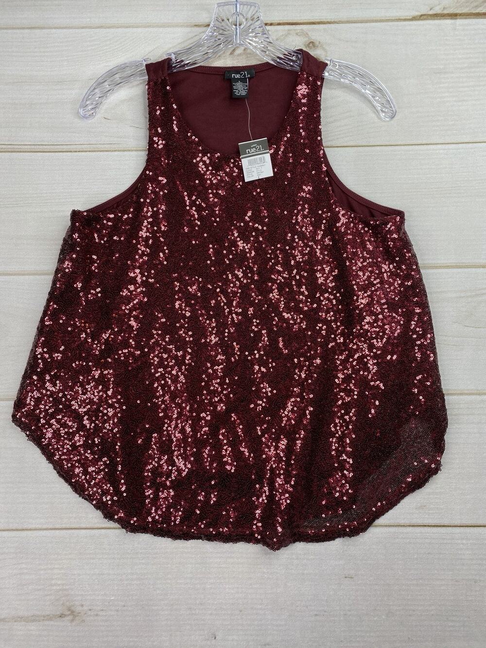 Rue 21 Tank Top Womens L Burgundy Sequins Scoop Neck Pullover Boho Party NWT